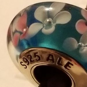 PANDORA BLUE PINK WHITE FLORAL FLOWER SS BEAD